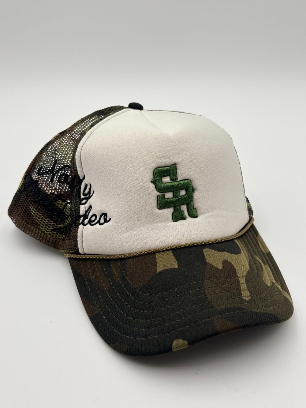 Stevenson Ranch SR Trucker Hat Men's White Camouflage My First Rodeo Meshback